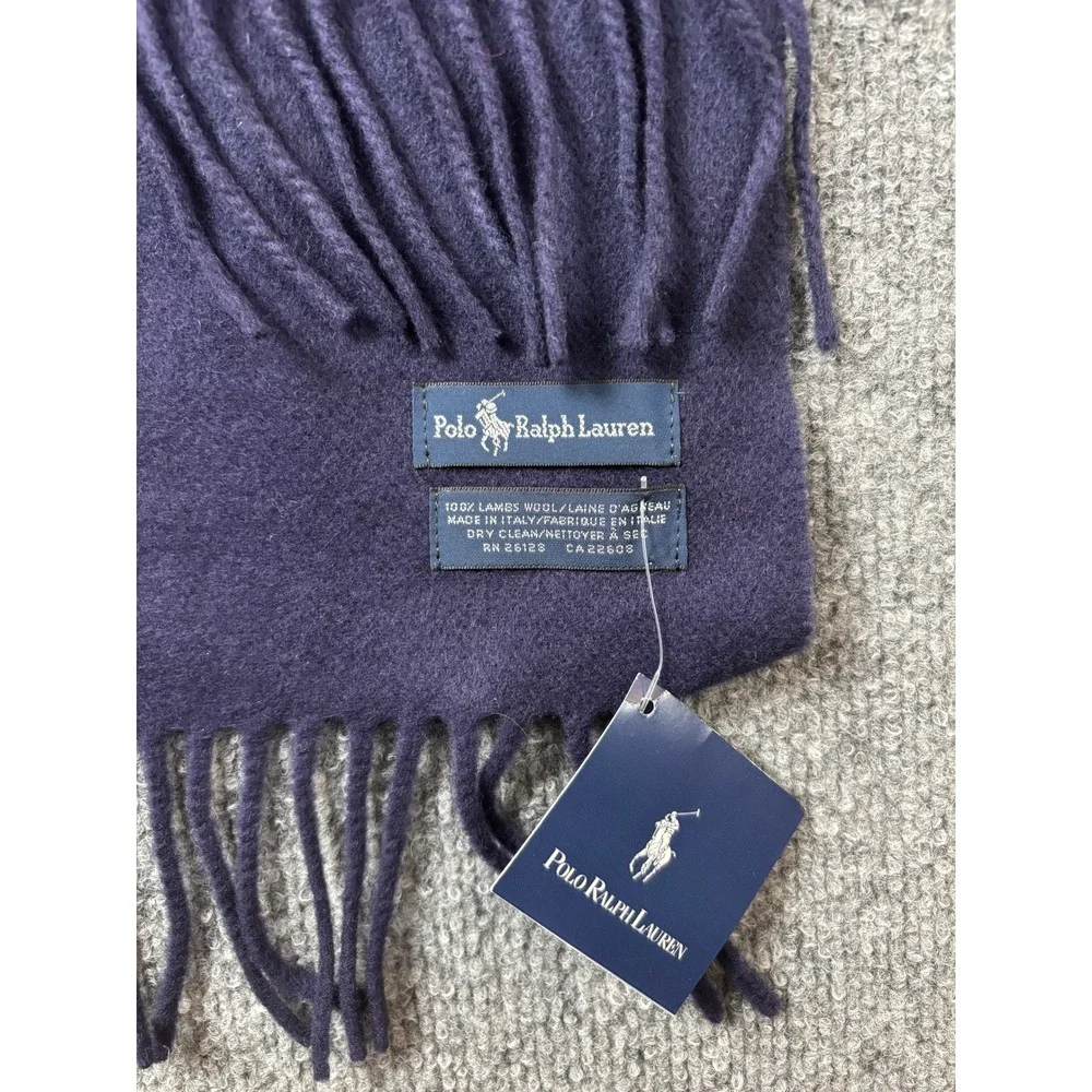 NWT Polo Ralph Lauren Navy Lambswool Scarf Orange Pony‎ Logo Fringe Preppy